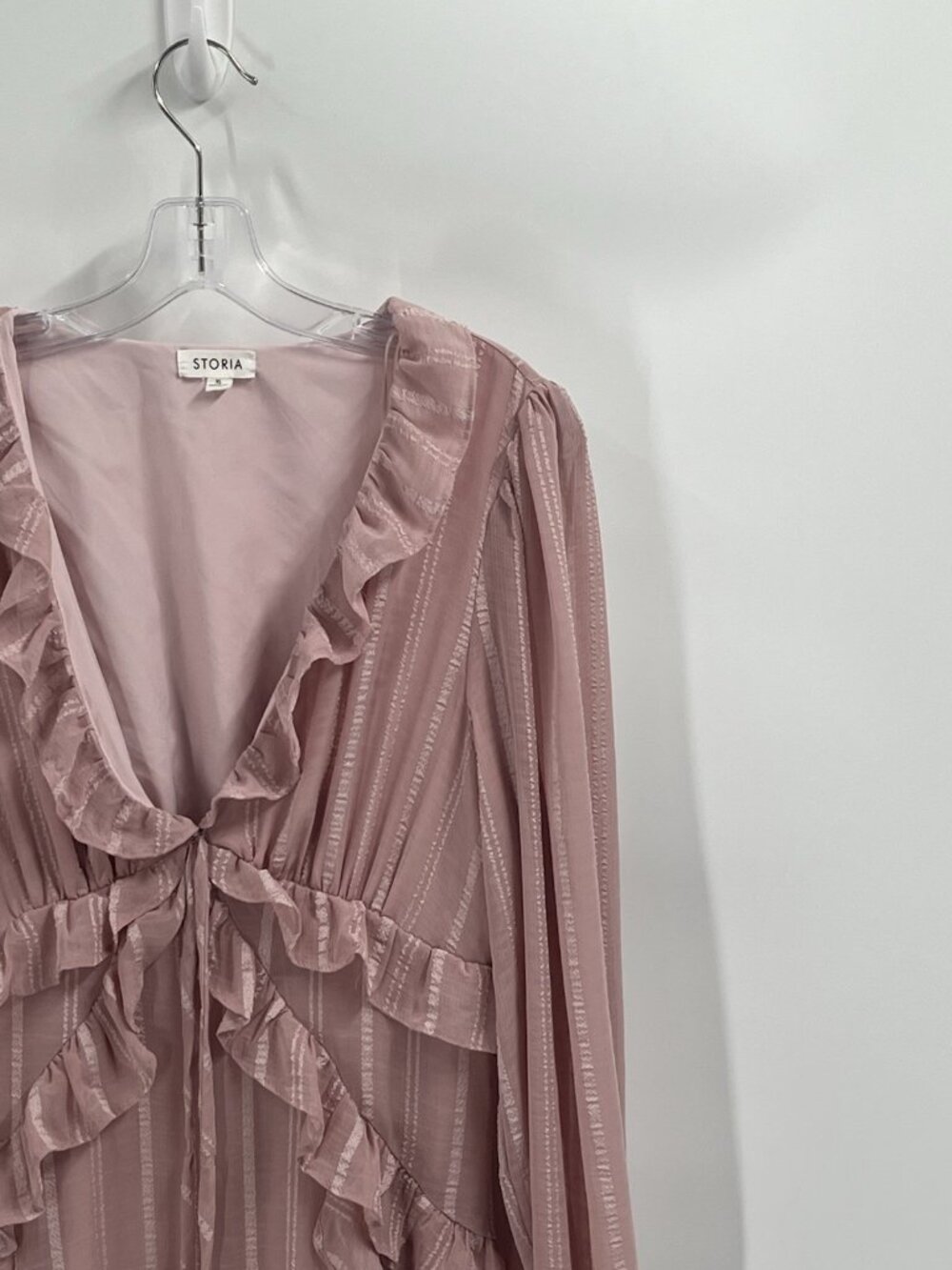 Storia Blush Pink Ruffle Maxi Dress Sz XL Long Sleeve Cottagecore Boho Romantic - Picture 3 of 6